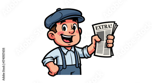 Cartoon Illustration of a Cheerful Newsboy Holding Newspaper Announcing Extra News