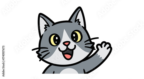 Charming Cartoon Cat Waving Hello on White Background, Perfect for Children Illustrations and
