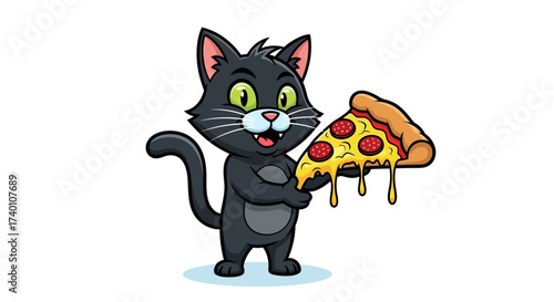 Cartoon illustration of a black cat holding a slice of pepperoni pizza dripping with cheese on a