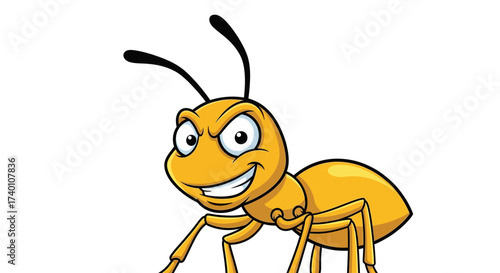 Cartoon illustration of a menacing yellow ant with a sinister smile and bulging eyes on white