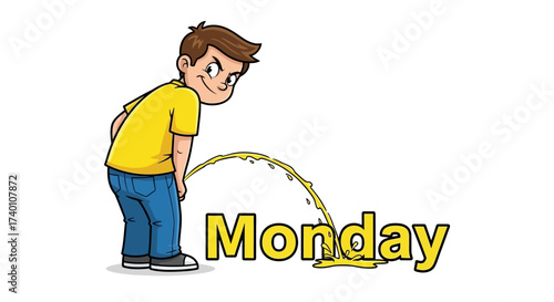 Humorous depiction of dreading monday with a cartoon man and a urine stream
