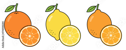 Healthy Fresh Citrus Fruits: Orange, Lemon, Mandarin Illustration Isolated