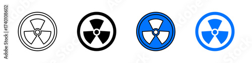 Radiation icon in outline, solid, and color styles. Symbol of hazard, nuclear energy, danger, and safety warning. Isolated on white background.