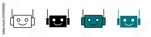 Robot face icon in outline, solid, and color styles. Symbol of AI, robotics, technology, and automation themes. Isolated on white background.