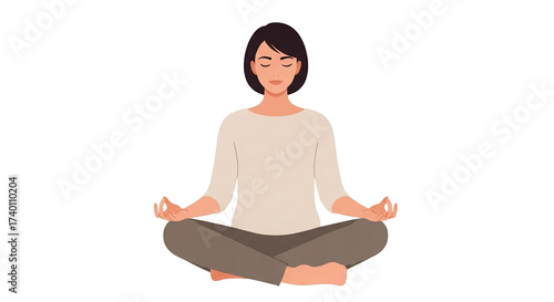 Wallpaper Mural A serene illustration depicts a woman in a seated meditation pose, eyes closed, embodying peace and mindfulness against a clean white background, symbolizing relaxation and well-being. Torontodigital.ca