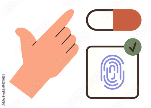 Hand pointing to fingerprint scanner and pill, validation checkmark. Ideal for security, health, authentication, technology, biometrics, healthcare innovation digital identity. Simple flat metaphor