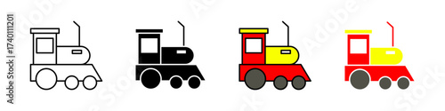 Train engine icon in outline, solid, and color styles. Represents railway, transport, travel, and locomotive themes. Isolated on white background.