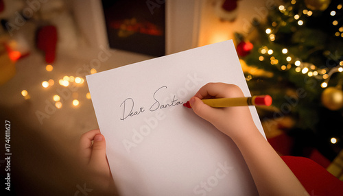 Childrens hands with a pen writing a dear Santa letter among Christmas decoration in kids room, close-up