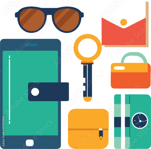 A minimalist vector composition of a few daily carry items like keys, a slim wallet, a phone, and sunglasses on transparent background