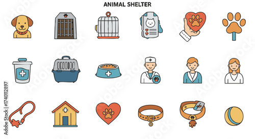 Vector icons set animal shelter pets adoption care isolated