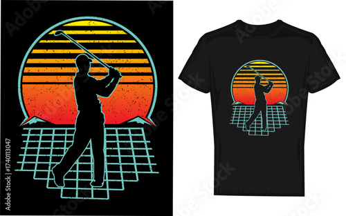 Retro 70s 80s style golfer player in silhouette vintage sport design classic golf club and ball athletic silhouette