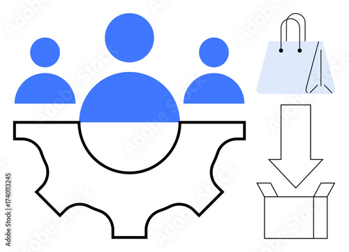 Blue human figures above gear symbolizing collaboration, shopping bag, downward arrow, and box representing e-commerce, delivery, and logistics. Ideal for teamwork, e-commerce, logistics process