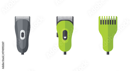 Three colorful hair clippers displayed in a simple flat vector illustration