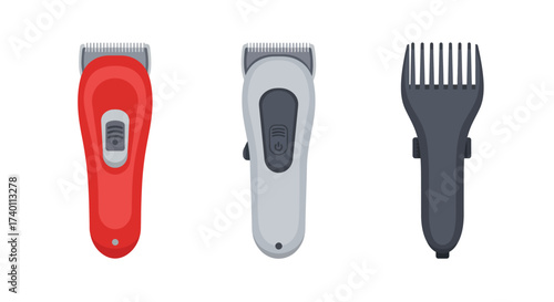 Three different hair clippers in red white and dark gray colors