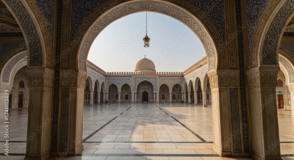 Obraz premium Courtyard view under ornate arches leading to a domed building