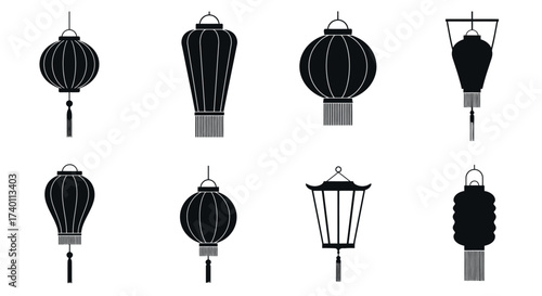 Collection of diverse black and white hanging lanterns in a simple design