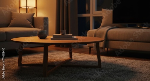 Cozy living room interior with round coffee table and warm lighting