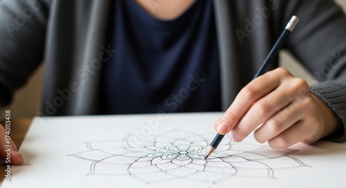 Asian female adult artist drawing detailed mandala with pencil on paper at desk