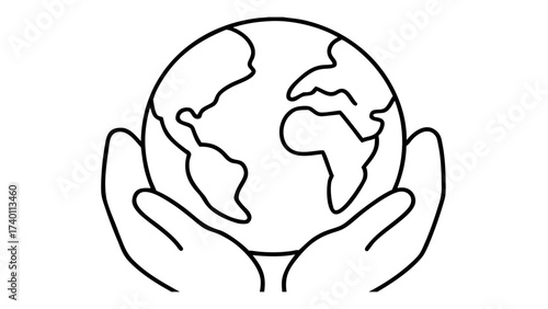 Hands gently holding planet earth line art