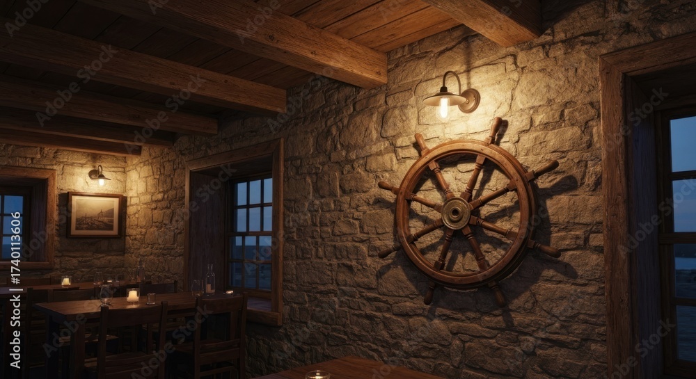 Obraz premium Cozy restaurant interior with stone walls, wooden wheel, and soft lighting