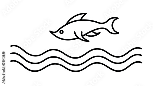 Minimalist line art ocean waves with jumping fish