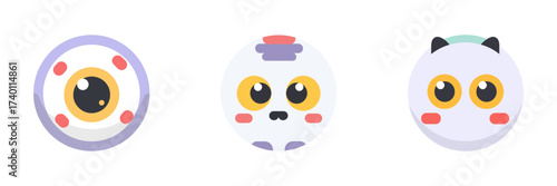 Round Halloween Monster Faces With Big Eyes Icon Set. Cute Eyeballs And Expressions. Isolated Vector Illustration