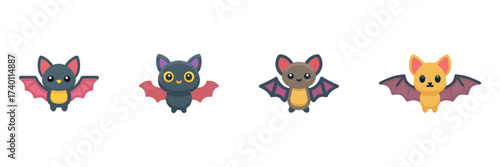 Cartoon Bat Halloween Icon Set, Cute Flying Vampire Bats With Wings And Big Eyes Isolated On Transparent Background
