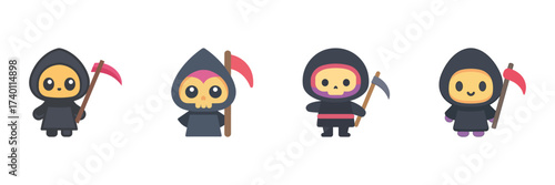 Grim Reaper Halloween Icon Set, Cartoon Death Figures With Scythes And Dark Robes Isolated On Transparent Background
