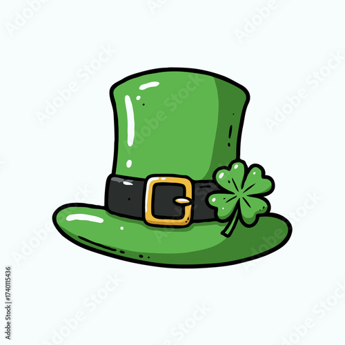 Green leprechaun hat with shamrock symbol on light background  