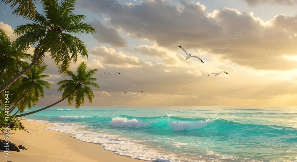 Fototapeta premium Tranquil Coastal Scene Featuring Soft Sand, Seagulls, and Golden Sky Glow