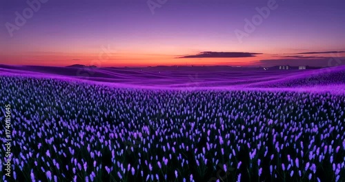 Vibrant purple flower field at dusk with distant lights illuminating the horizon