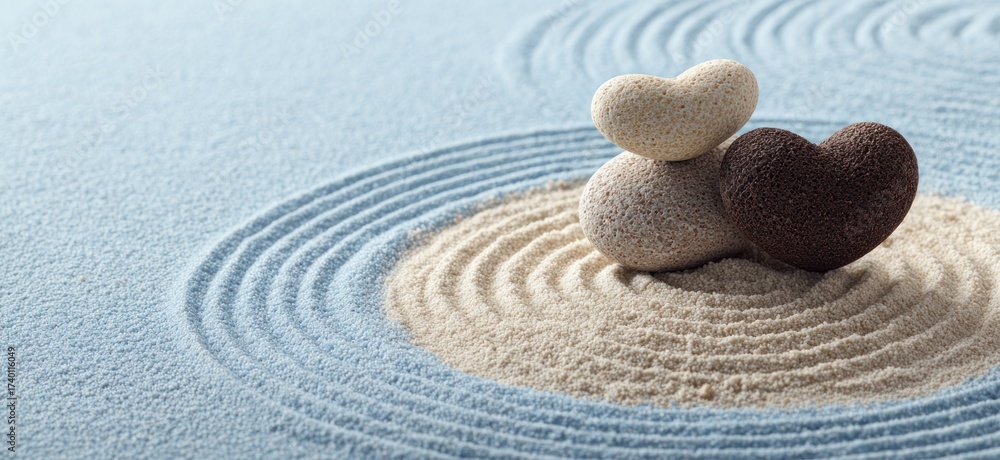 Fototapeta premium Heart-shaped stones stacked on a textured, circular, sand-like zen garden. Tranquil and peaceful