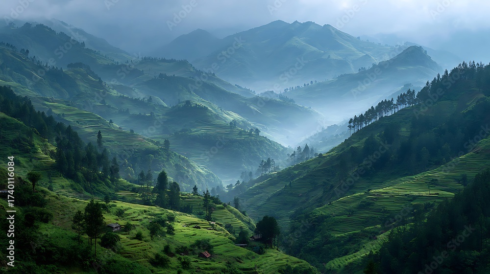 Fototapeta premium Misty mountain valley with lush green slopes and scattered trees creating a serene and breathtaking natural landscape