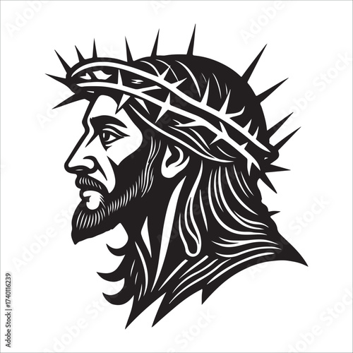 Jesus Christ silhouette vector  with crown of thorns profile illustration on white background