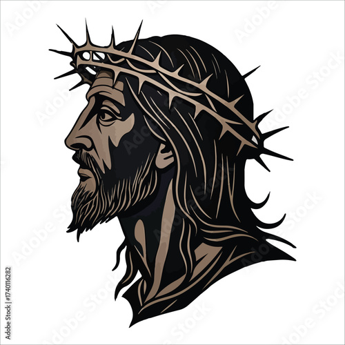 Jesus Christ silhouette vector  with crown of thorns profile illustration on white background