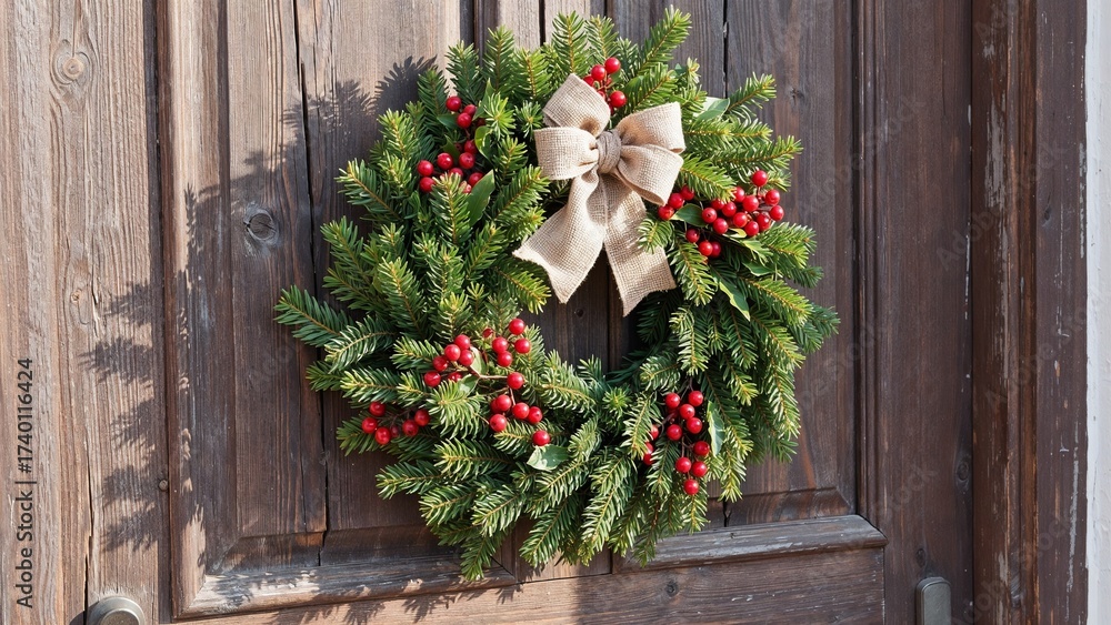 Naklejka premium Christmas wreath with red berries on wooden door