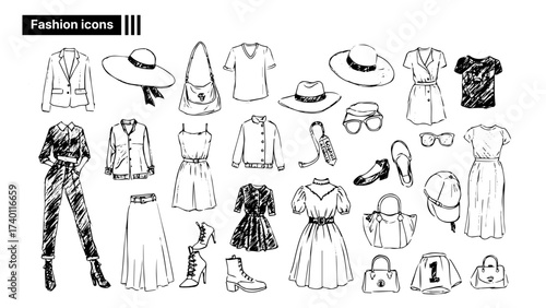 Hand drawn fashion icons set – clothing, accessories and shoes sketch style