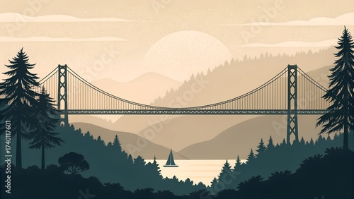 Vintage forest bridge landscape illustration with pine trees, sailboat, river and mountain background in muted earth tones, flat design for nature travel, adventure, or retro poster art