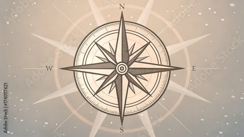 Vintage compass rose illustration on faded antique background, classic navigation symbol for direction, exploration, adventure, travel concepts in flat vector graphic style