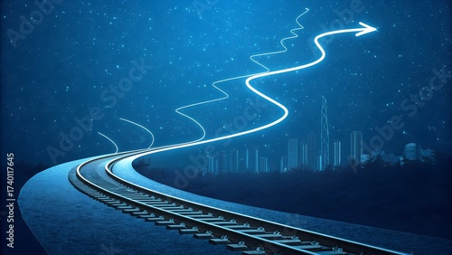 Railway path with glowing arrow trajectory rising to the sky, conceptual night scene symbolizing progress, future vision, goal achievement, career growth, and transformation journey