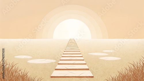 Minimal path to sunrise over peaceful landscape, flat vector art with soft beige tones, tranquil spiritual concept of journey, hope, peace, and new beginnings