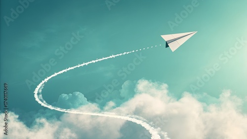 Paper airplane flying through teal sky with curved contrail and soft clouds – minimalist concept of creativity, freedom, and imagination
