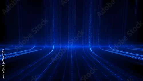 Abstract blue light streaks converge towards a central point, creating a sense of depth and futuristic movement.