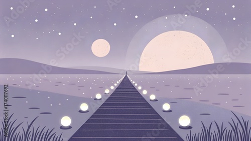 Dreamy minimalist illustration of a long pier with glowing lights under a moon and stars in a purple landscape – ethereal night scene with celestial bodies