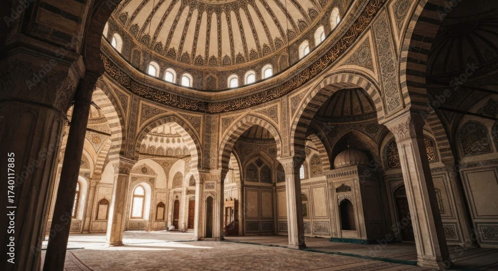 Fototapeta premium Grand interior with arched pillars, decorated dome, and soft natural light