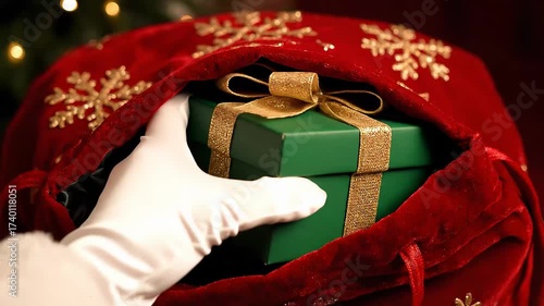 Festive Holiday Scene with Santa Filling Gift Bag by Fireplace and Decorated Christmas Tree