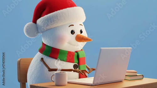 Happy Snowman Working on Laptop in Winter Wonderland with Christmas Tree and drinking hot chocolate