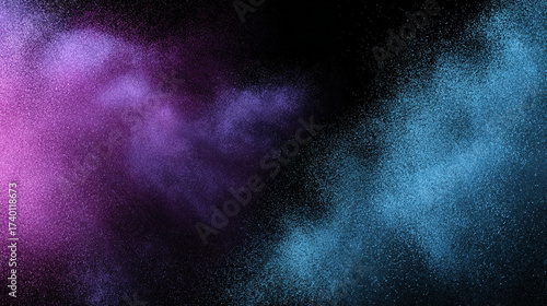 Dark banner background with purple and blue grainy abstract glowing color shapes symbolizing mystery depth and creativity representing a modern black poster backdrop with textured noise for bold desig