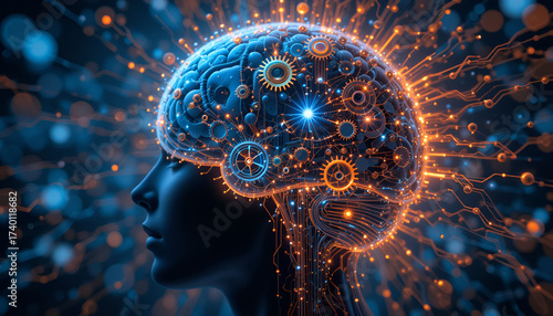Dynamic brain illustration with glowing circuits and gears representing AI, technology, innovation, and human intelligence concepts
