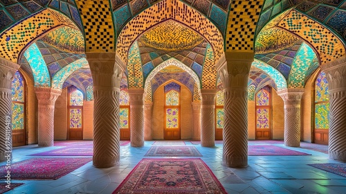 Vibrant stained glass windows illuminate traditional Persian architecture.